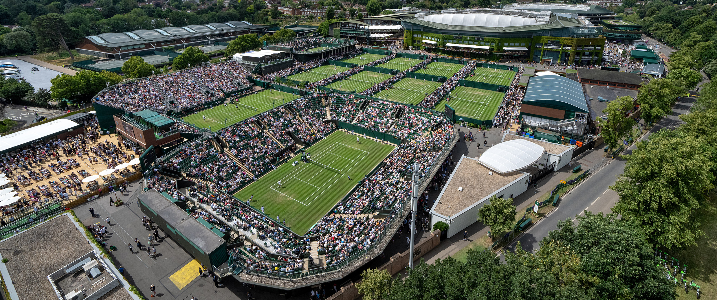 Wimbledon Championship courts from the perspective of the wirecam tower installation.