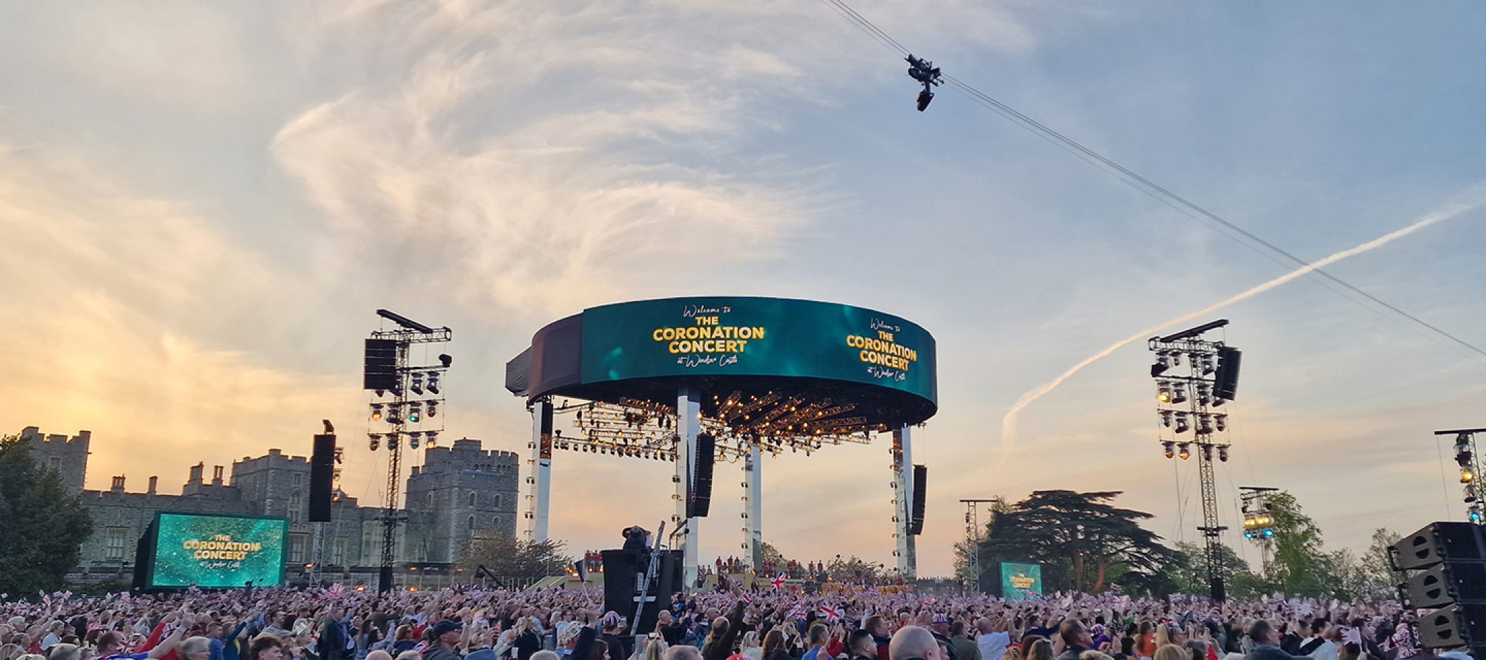 Wirecam system above a crowd at the Kings Coronation Concert