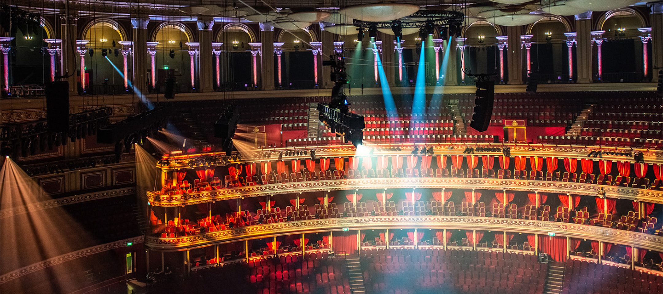 Wirecam system and lighting rigging above the stage in a london theatre.