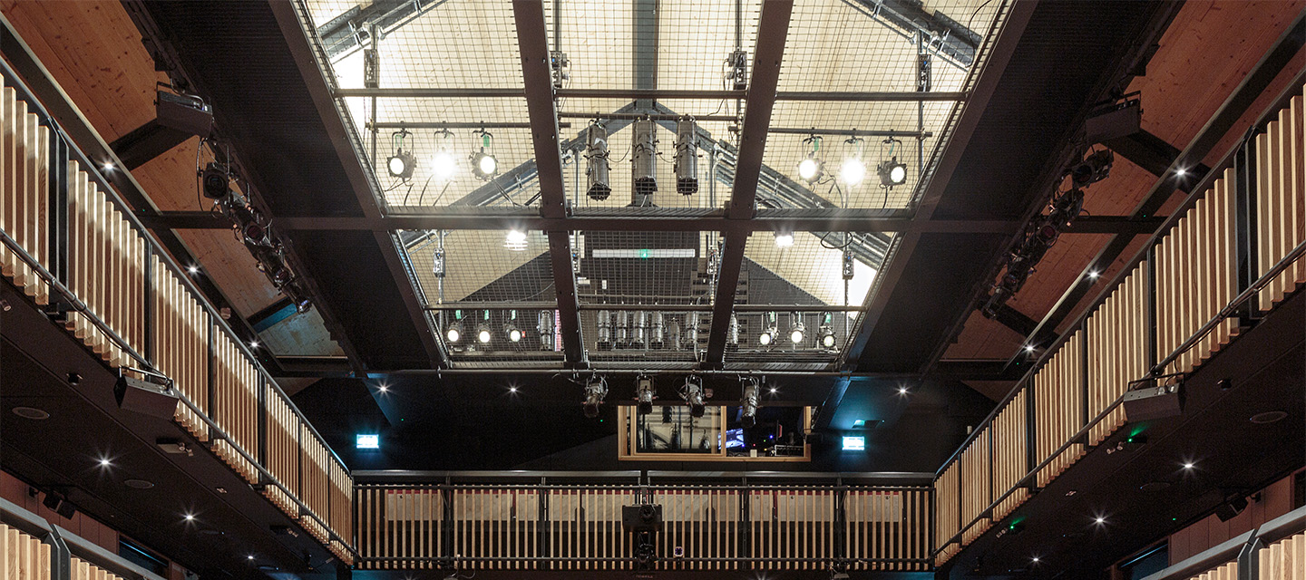 Lighting rigging in a school theatre.