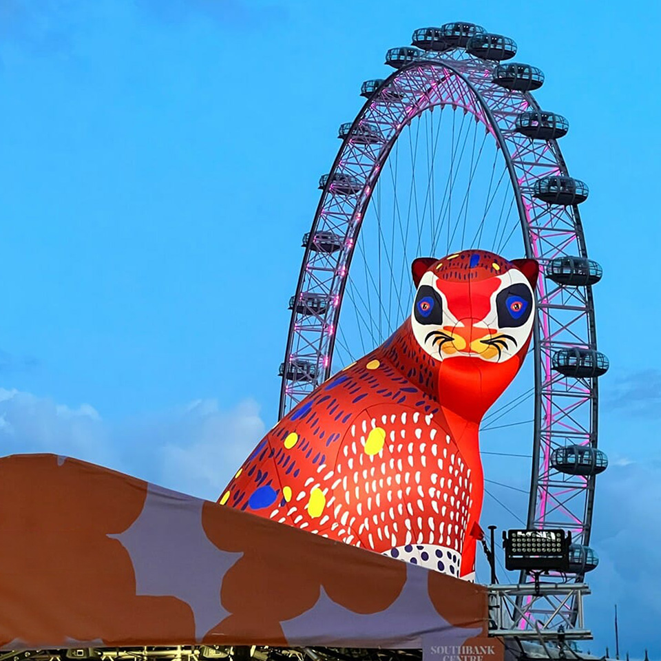 Giant inflatable helium panther at the Southbank Centre, London.