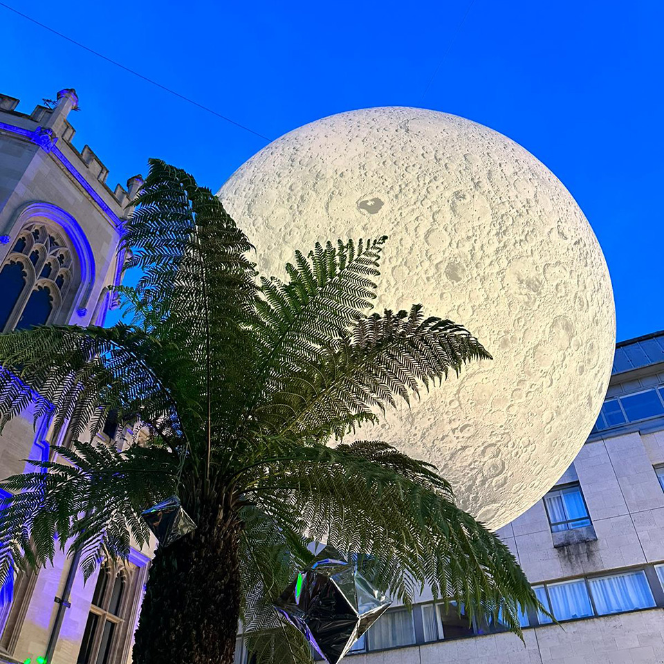 Giant inflatable helium moon at Kings College, London.